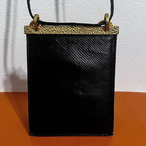 Clara Studio for Asymmetry Vtg Black Lizard Embossed Leather Bag 24K Gold Handle - Picture 3 of 16